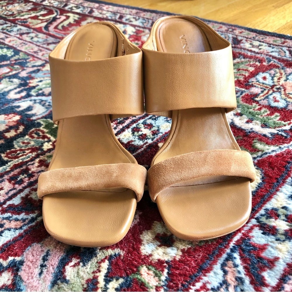 Vince Quinn Tan Leather Suede Mule Heeled Sandal - Picture 3 of 8